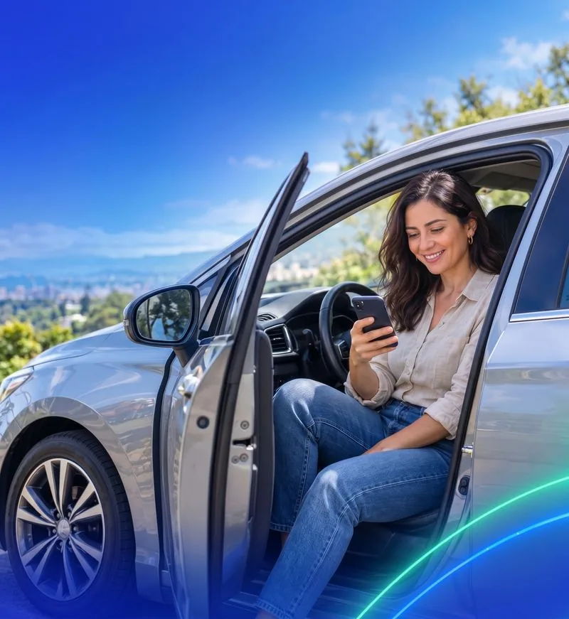 Clienta cotizando su préstamo SpinGo desde el celular dentro de su auto