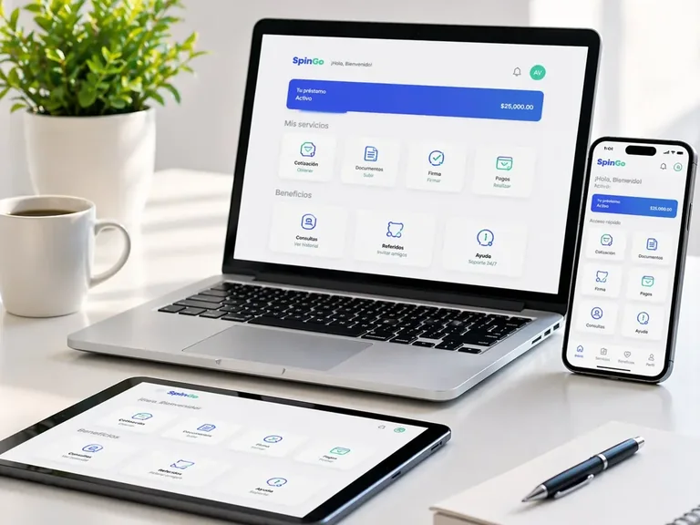 Laptop, tablet y celular mostrando la plataforma SpinGo en un escritorio