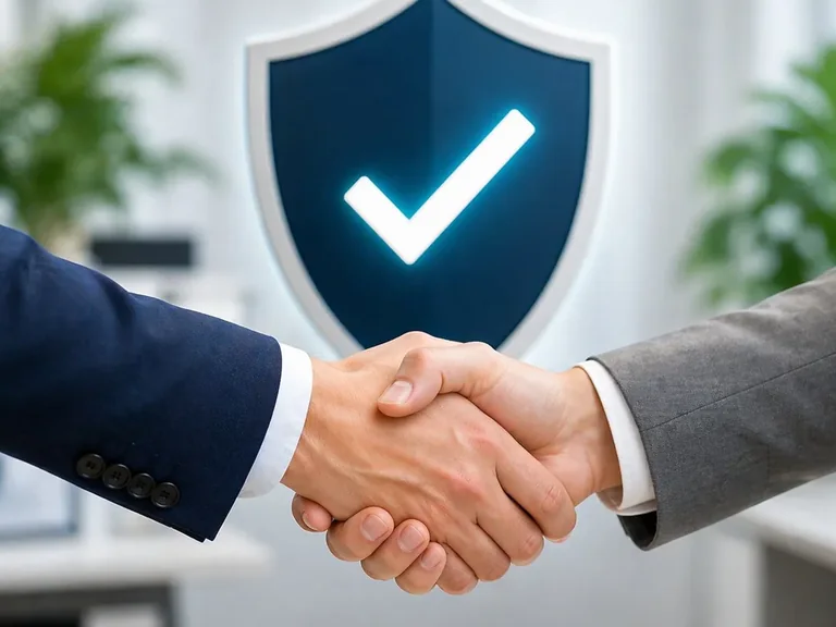 Apretón de manos con un escudo de verificación como símbolo de respaldo