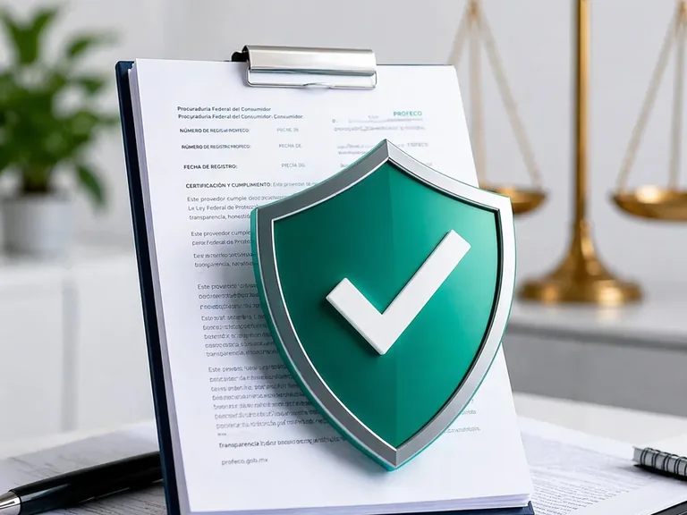 Contrato impreso junto a una balanza de la justicia y un escudo de verificación