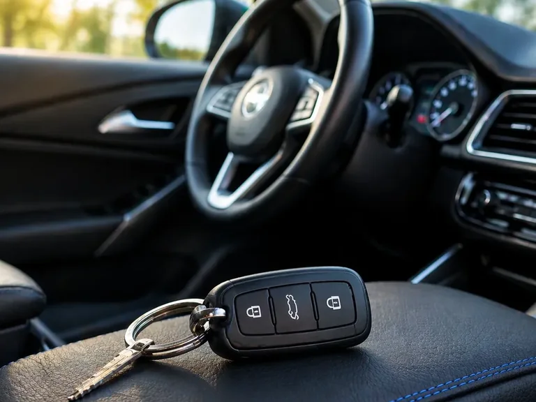 Llave de auto sobre el asiento con el volante al fondo